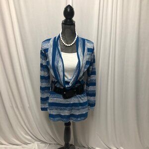 Say Anything Knit Top Womens Size Small Cowl Two Piece Look Belted Blue Striped
